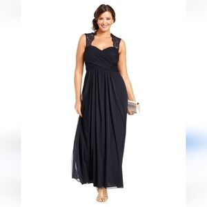 Xscape By Joanna‎ Chen Lace Cap Sleeve Key Hole Open Back Blue 2 Petite Empire